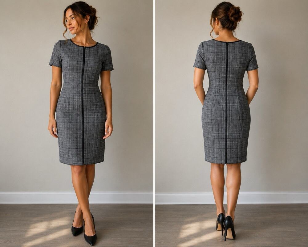 Tahari Gray Plaid Sheath Dress Size 6 Career Office Stretch Midi Classic Dress